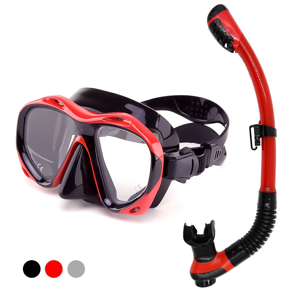 SFIT Swimming Goggles Underwater Anti Fog Half Face Nose Clip Glasses Diving Bikini Tempered Glass Lens Snorkel Goggles: Adult red