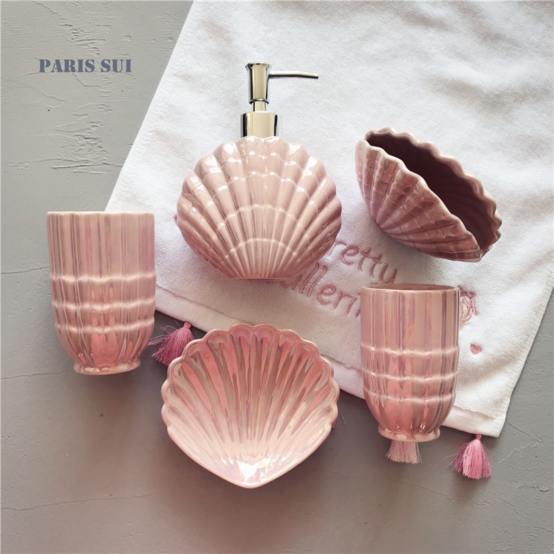 Conjunto de accesorios de baño con forma de concha de cerámica, herramientas de lavado, botella, taza de enjuague bucal, soporte para cepillo de dientes, artículos para el hogar pf92020