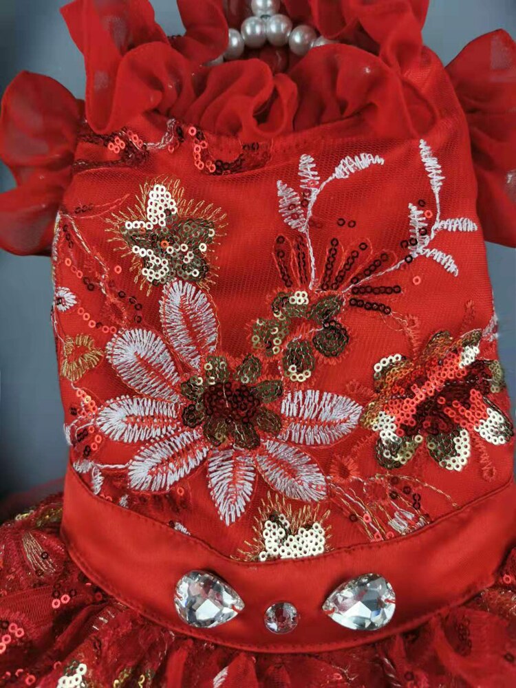 à la main chien vêtements chien robe rouge paillettes brodé fleur robe de mariée pour animaux de compagnie chats caniche Yorkie maltais