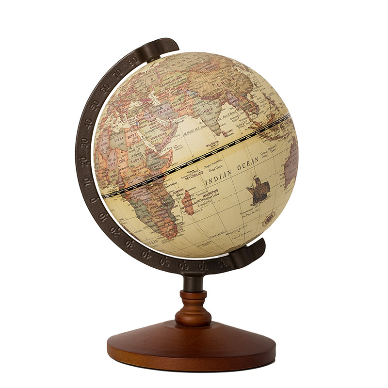 World Globe Earth Map English Retro Wooden Base Terrestrial Globe Geography Education Decorative Globe Bussiness 14cm