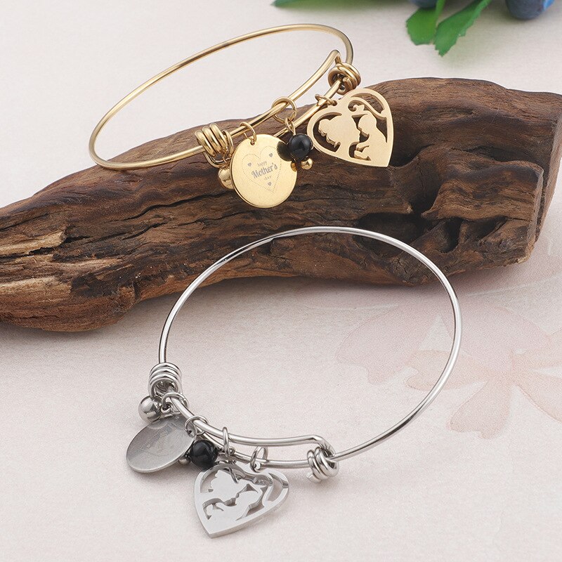 Stainless Steel Mother & Baby Charm Bracelet & Bangle For Women 64mm Heart Charm Wrist Bracelet Mom's Birthday