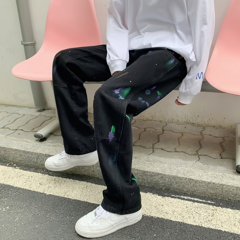 Cotton Graffiti Jeans Men Retro Baggy Casual Straight Jeans Men Streetwear Loose Hip-hop Denim Pants Mens Trousers S-2XL: Black / M