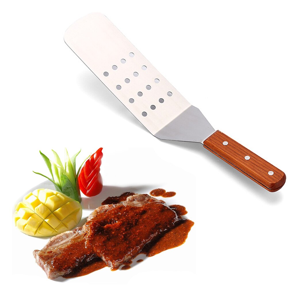 Kitchen Gadgets Stainless Steel BBQ Turner Restaurant Grilling Cooking Utensils Riveted Spatula Wood Handle