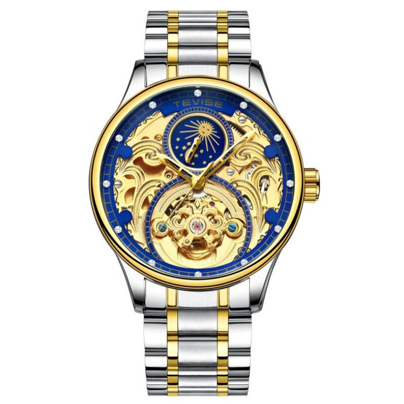 Montre TEVISE phase de lune tourbillon creux automatique mécanique en acier inoxydable poignet hommes montres main bracelet montre: Color 03