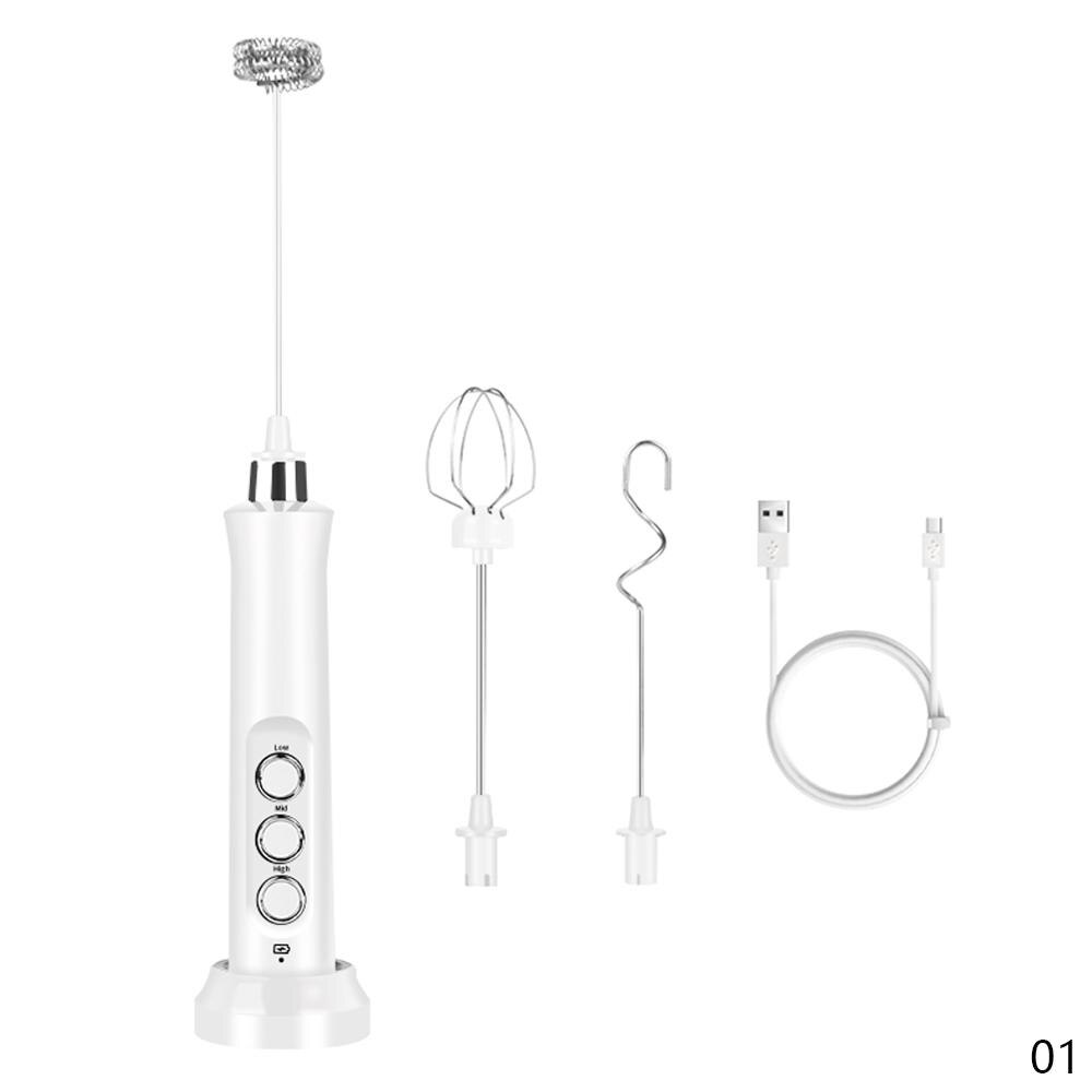 3 Speed Verstelbare Usb Oplaadbare Handheld Blender Melk Koffie Tore Rvs Elektrische Mixer Schuim Maker Keuken Gereedschap: White With Base
