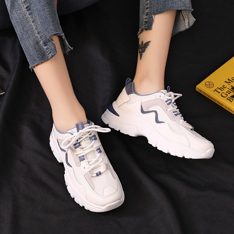Zapatillas de deporte transpirables de suela gruesa para mujer, zapatos de papá blancos, zapatillas de plataforma coreanas de primavera, tenis para mujer