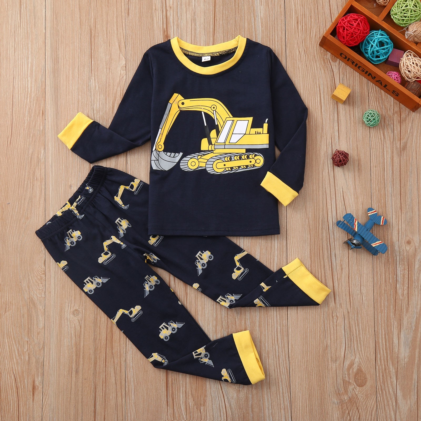 2-8T Kinderen Graafmachine Kleding Jongens Kids O-hals Jongens Lange Mouwen Katoen Blend Auto Gedrukt Tops + Broek pyjama Trui Outfit: Black / 8