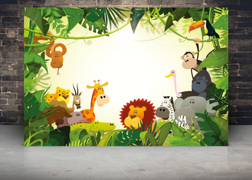 DePhoto Jungle Safari Party Photo Background Animals Forest Photography Backdrop Baby Happy Birthday Theme Party Banner decor