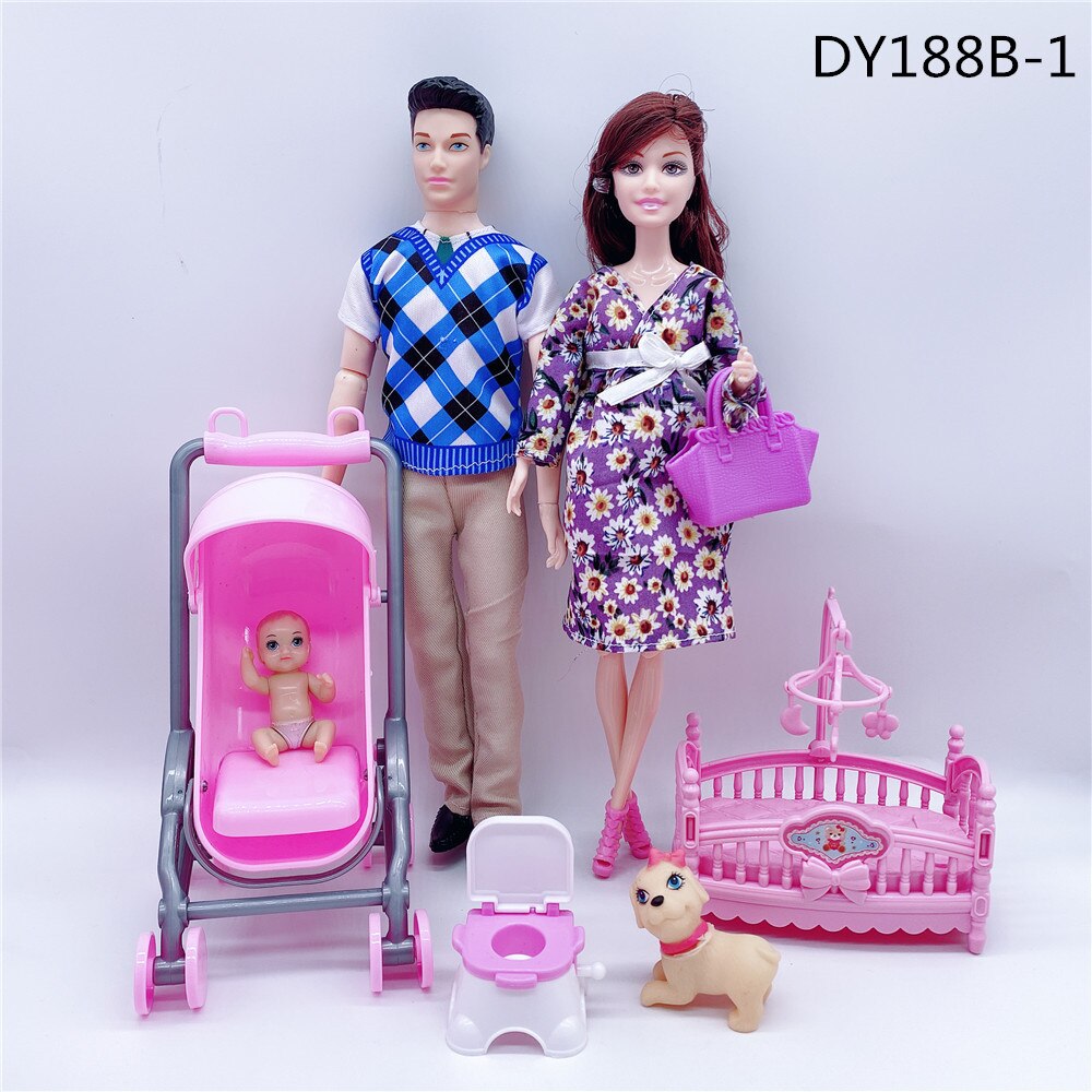 Fashionable 11.5”/30CM male doll + pregnant woman doll dress/small stroller/baby bed/children and girls toys accessories: Gray
