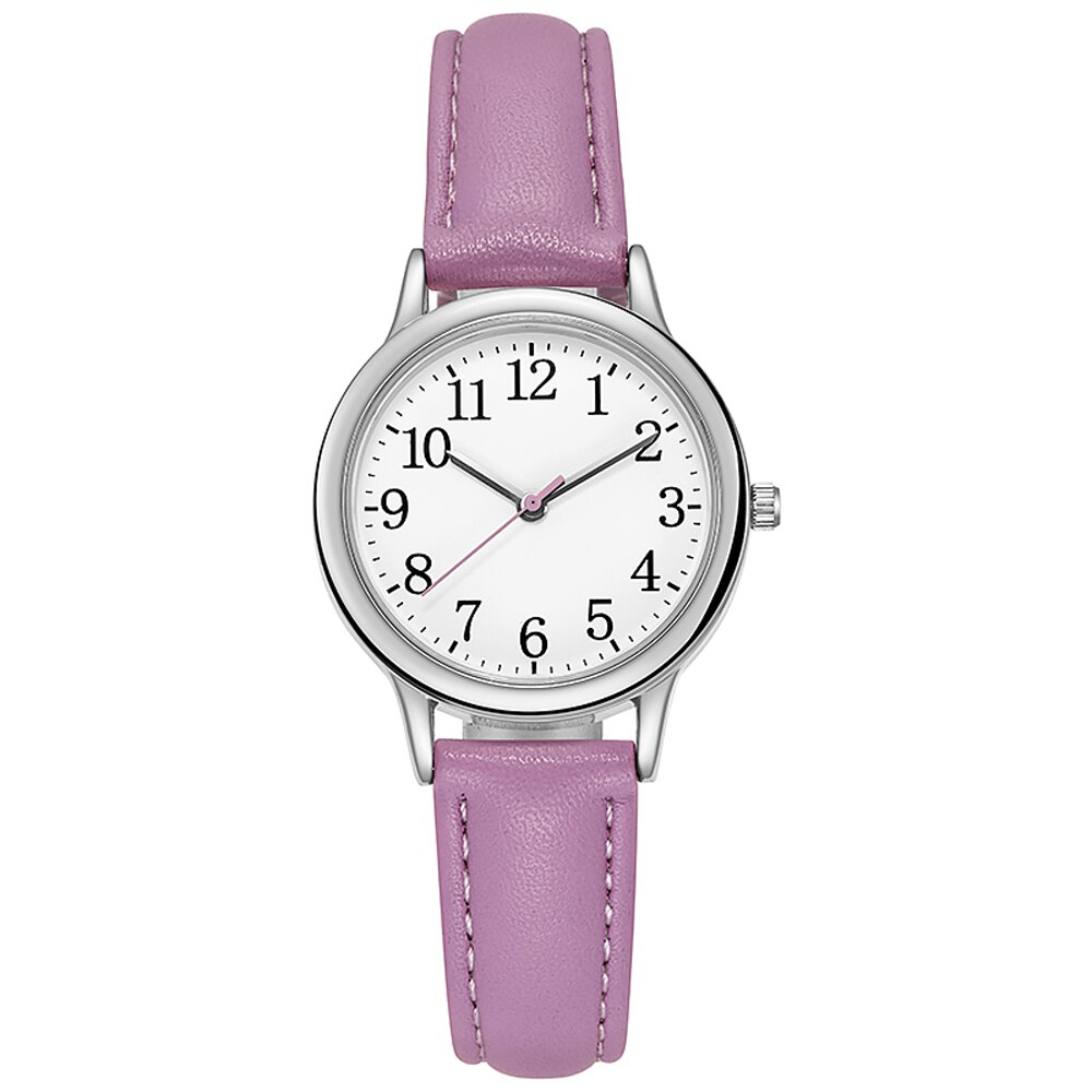 Montre à Quartz pour femmes, mouvement, chiffres arabes faciles à lire, cadran Simple, bracelet en cuir PU, couleur bonbon: purple