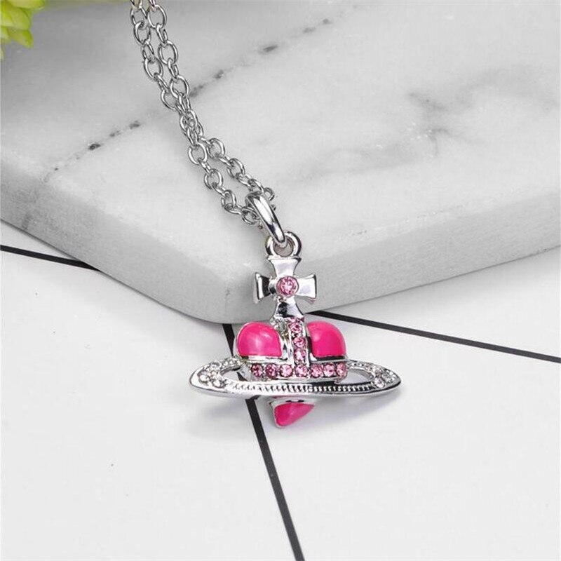 Nuova Personalità Fredda di Cristallo Saturn Collana A Catena Per Le Donne Brillante Zirconia Cuore Pianeta Pendente Della Collana Del Choker Dei Monili del Regalo: Heart Pink