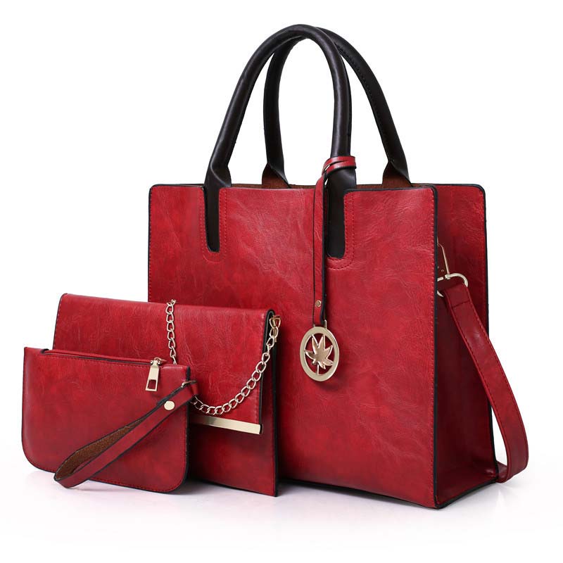 3 uds las mujeres bolsa de bolsa de bolso de cuero de poliuretano para mujer sólida bolsa de mensajero de color hombro cartera bolsas para las mujeres: Rojo