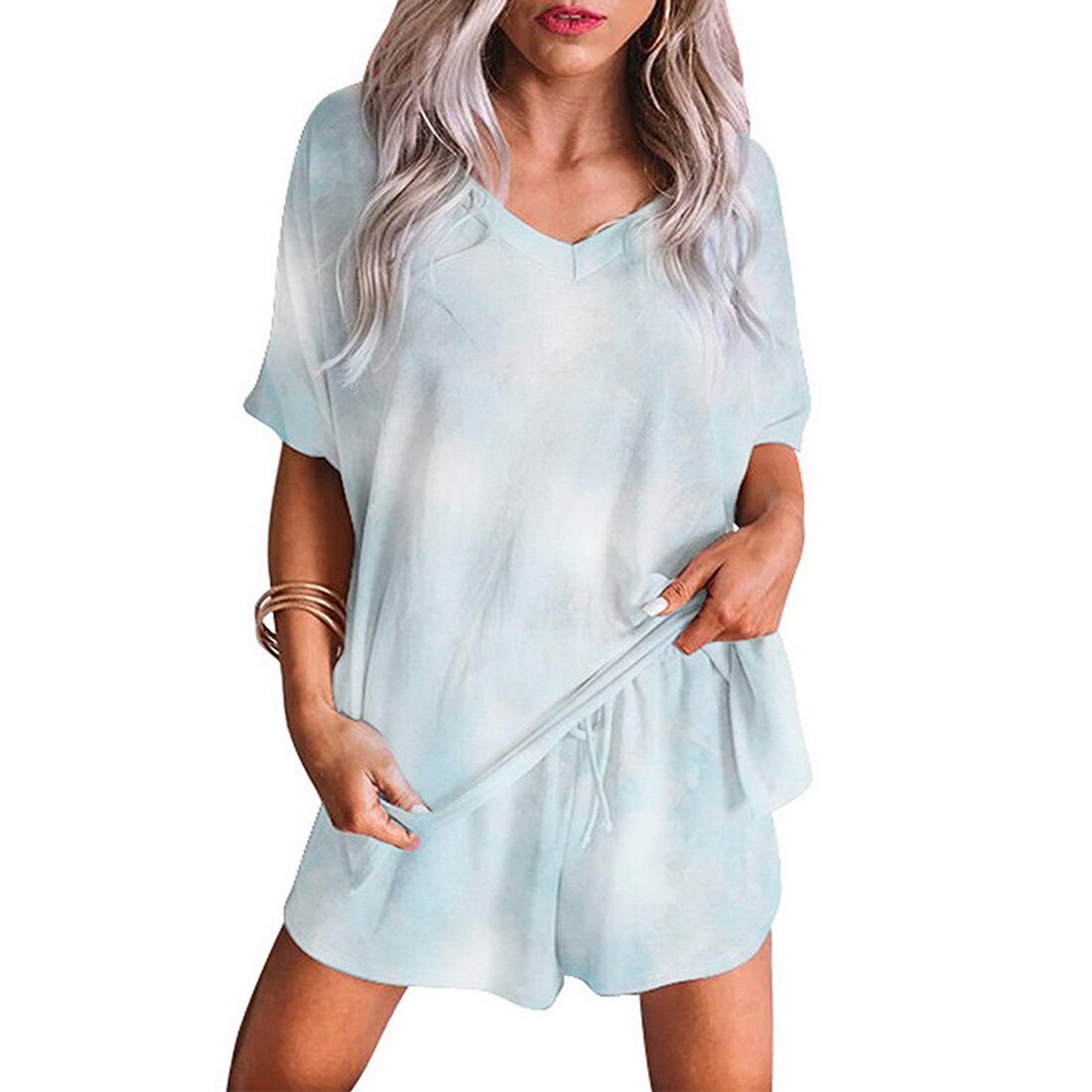 Vrouwen Nachtkleding Set Tie-Dye Leisure Korte Mouw Pyjama Set Vrouwelijke Nachtkleding Top Sport Shorts Homewear Pigiama: light blue / Asian Size 2XL