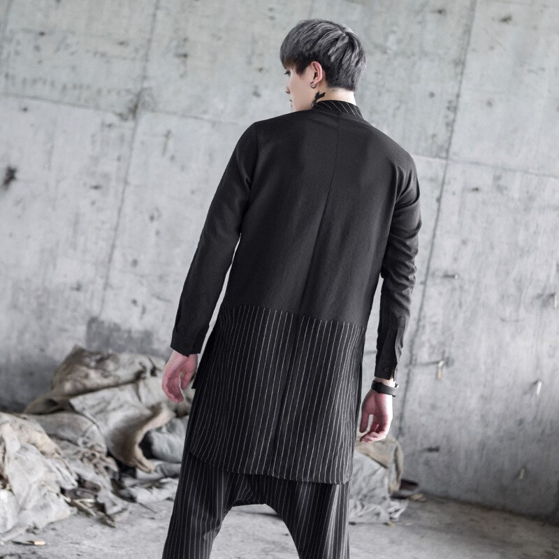 Heren punk stijl los overhemd met staande kraag, gesplitste strepen en lange mouwen, casual overhemd