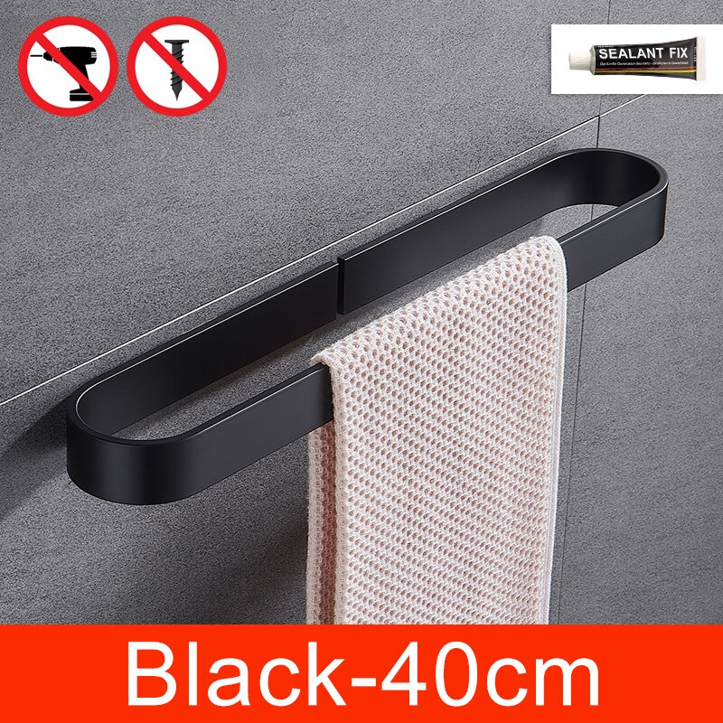 Self-adhesive Black Bath Towel Holder Bathroom Towel Rack No Punch Towel Rail Rack Towel Holder Bath Storage Shelf ML65B: Black-40cm