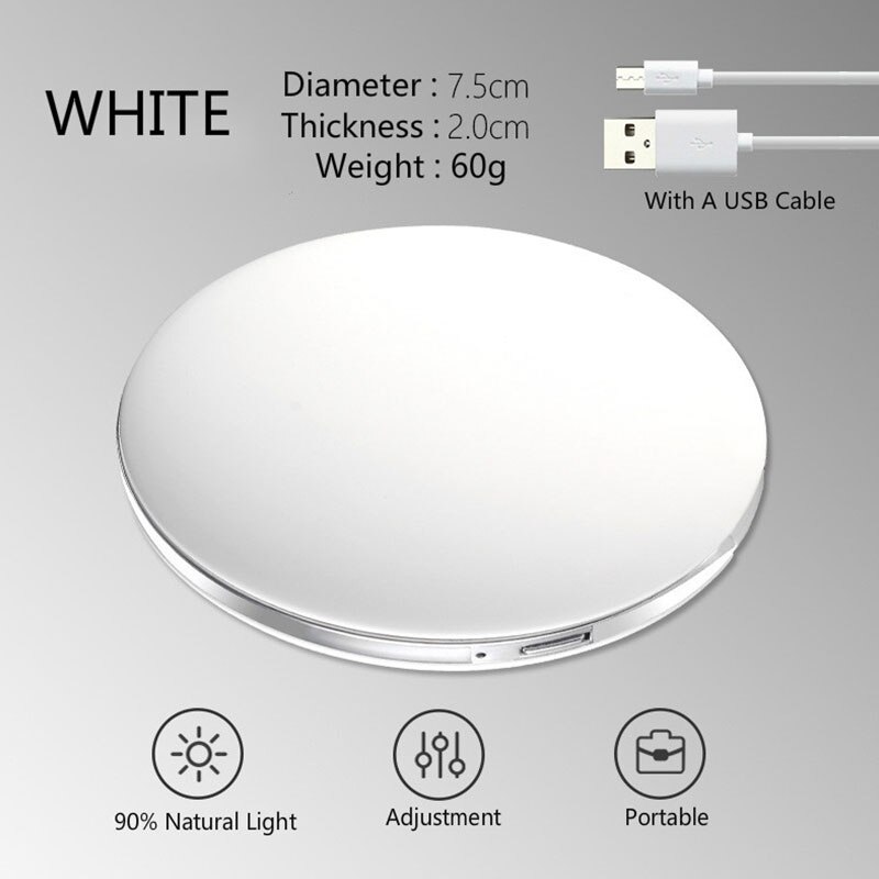 Mini espejo LED portátil luminoso espejo de maquillaje de carga USB con lámpara de maquillaje chica llevar espejo pequeño redondo para mujeres S1