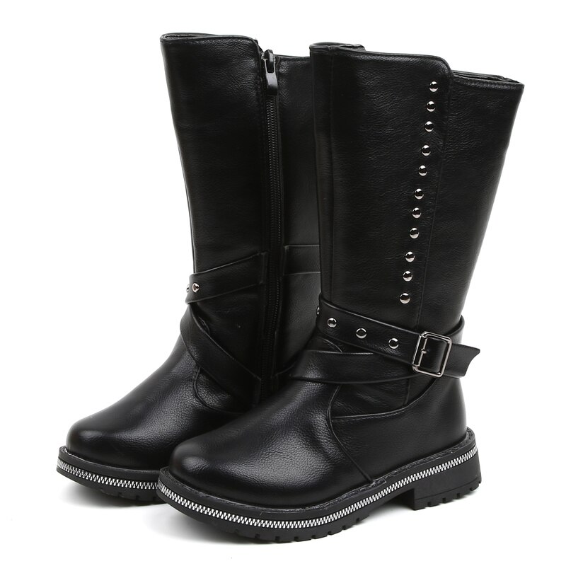 Botas de cuero para niñas, zapatos de invierno a la , botas cálidas hasta la rodilla con remaches de Color sólido, botas para niño niña