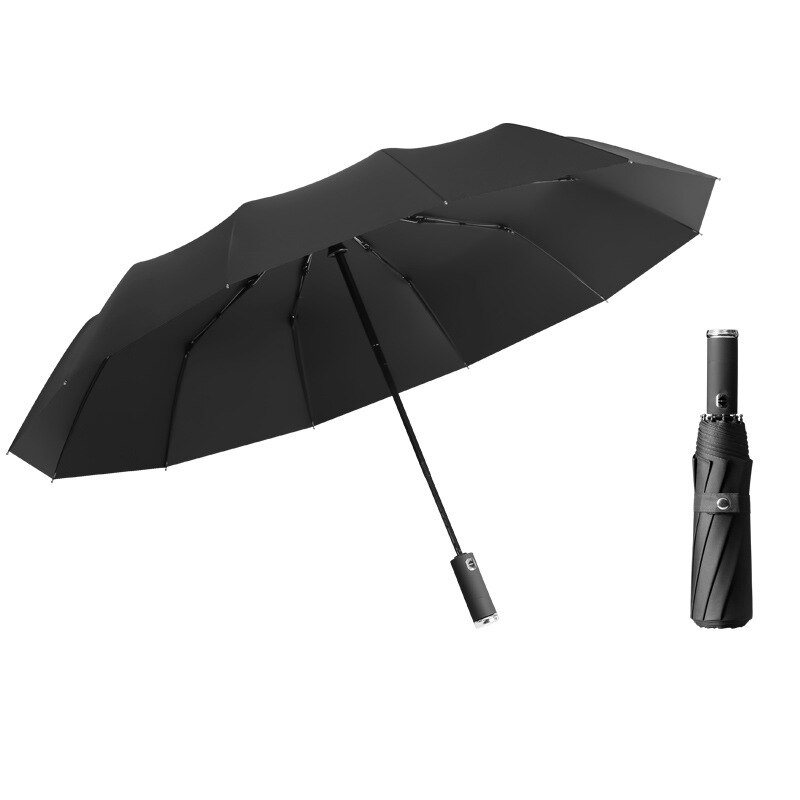 Parapluie pliant automatique à 10 baleines, grand parapluie coupe-vent avec lumière Led, pour femmes, revêtement noir, pour les affaires, Parasol: Black