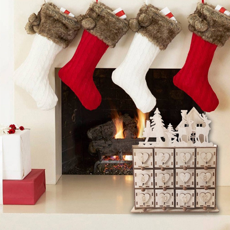 Trä jul adventskalender med 24 lådor hus inredning gör det själv bröllop ornament smyckeskrin jul nedräkningskalender