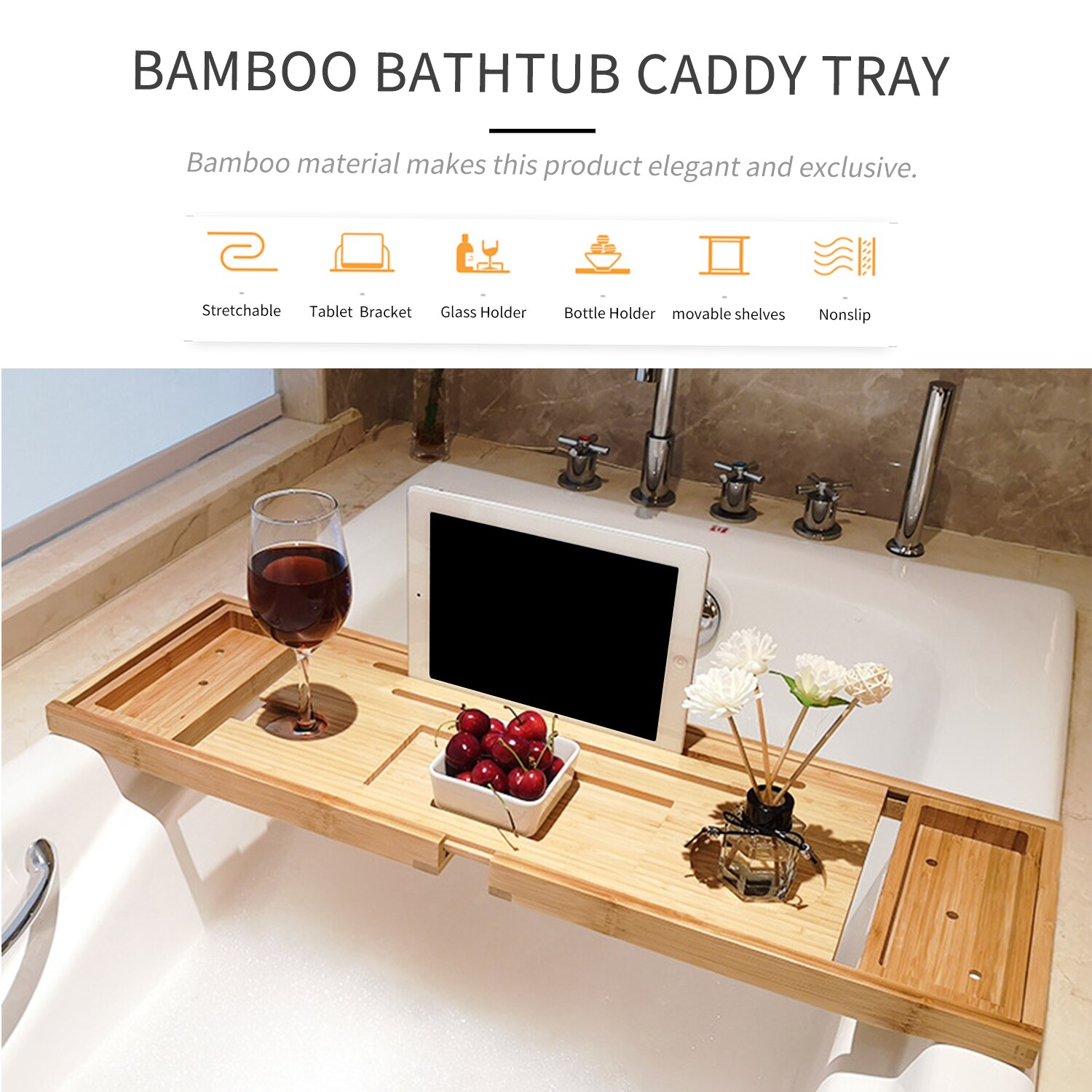 Bad Caddy Lade Bamboe Spa Bad Caddy Organisator Boek Wijn Tablet Houder Telefoon Rack Antislip Bodem Uitschuifbare Zijkanten