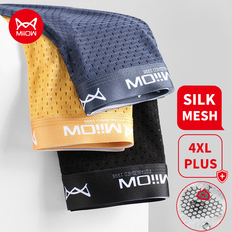 MiiOW 3 Stuks Sexy Mesh Mannen Boxer Ondergoed Grafeen Antibacteriële Mannelijke Slipje Ijs Zijde Onderbroek Ademend 4XL Boxershort 2022
