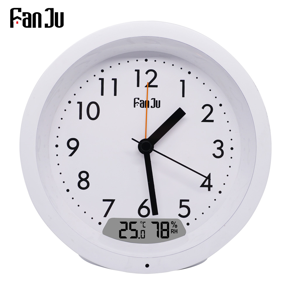 FanJu – réveil avec rétro-éclairage automatique, horloge ronde classique, affichage de la température et de l&#39;humidité, pour le bureau, la Table de chevet, décoration de la maison, FJ5132: White