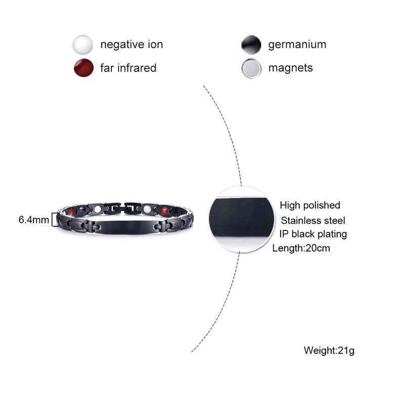 Vnox-Bracelets de santé magnétiques noirs pour femmes et hommes, en acier inoxydable, bijoux en Germanium Bio énergie unisexe 7.87"