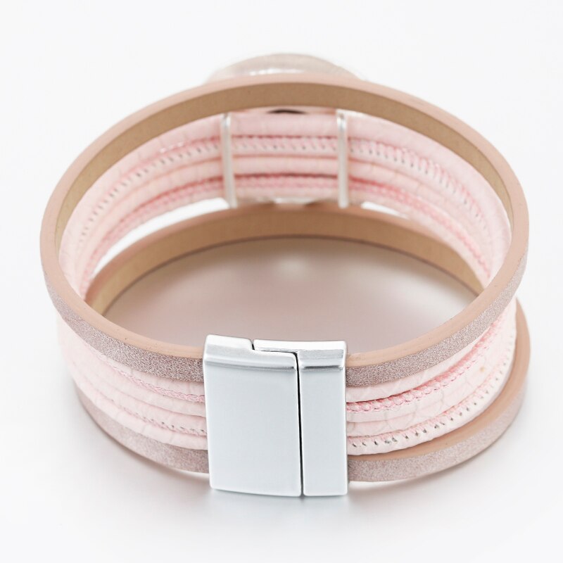 Amorcome Simple Pink Leather Bracelet Jewelry Multilayer Metal Charm Wide Wrap Bracelets Ladies Jewelry