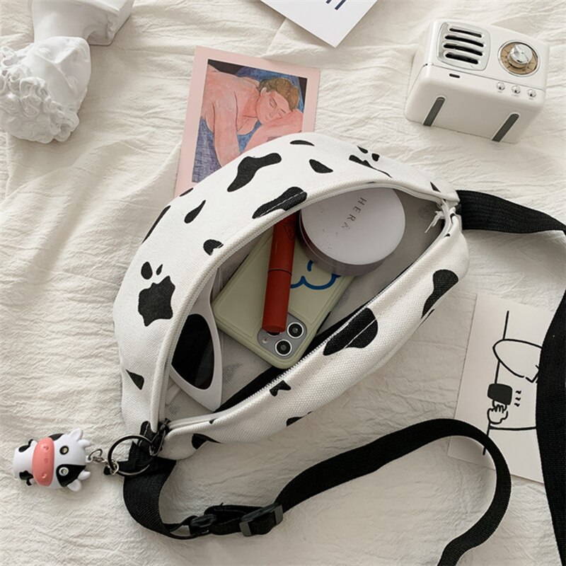 Koreansk mælkeko print kvinder kanvas crossbody bæltetaske japansk harajuku pige sød brysttasker talje bælte kvindelig fanny pack