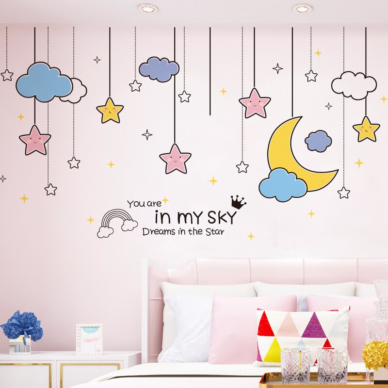 [shijuekongjian] cartoon meisje eenhoorn muurstickers diy sterren hangende muurstickers voor kinderkamer babykamer huisdecoratie