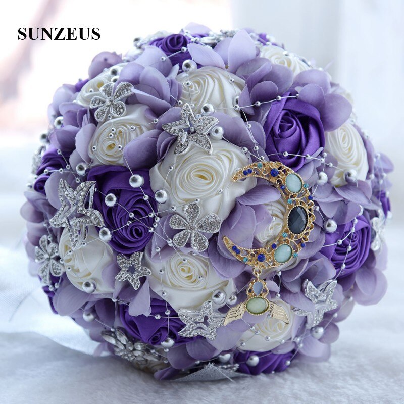 Romantic Light Blue Flowers Wedding Bouquet Pearls Shiny Stars Royal Blue Artificial Bridal Flowers Bouquet huwelijk SWB08: pic color 5