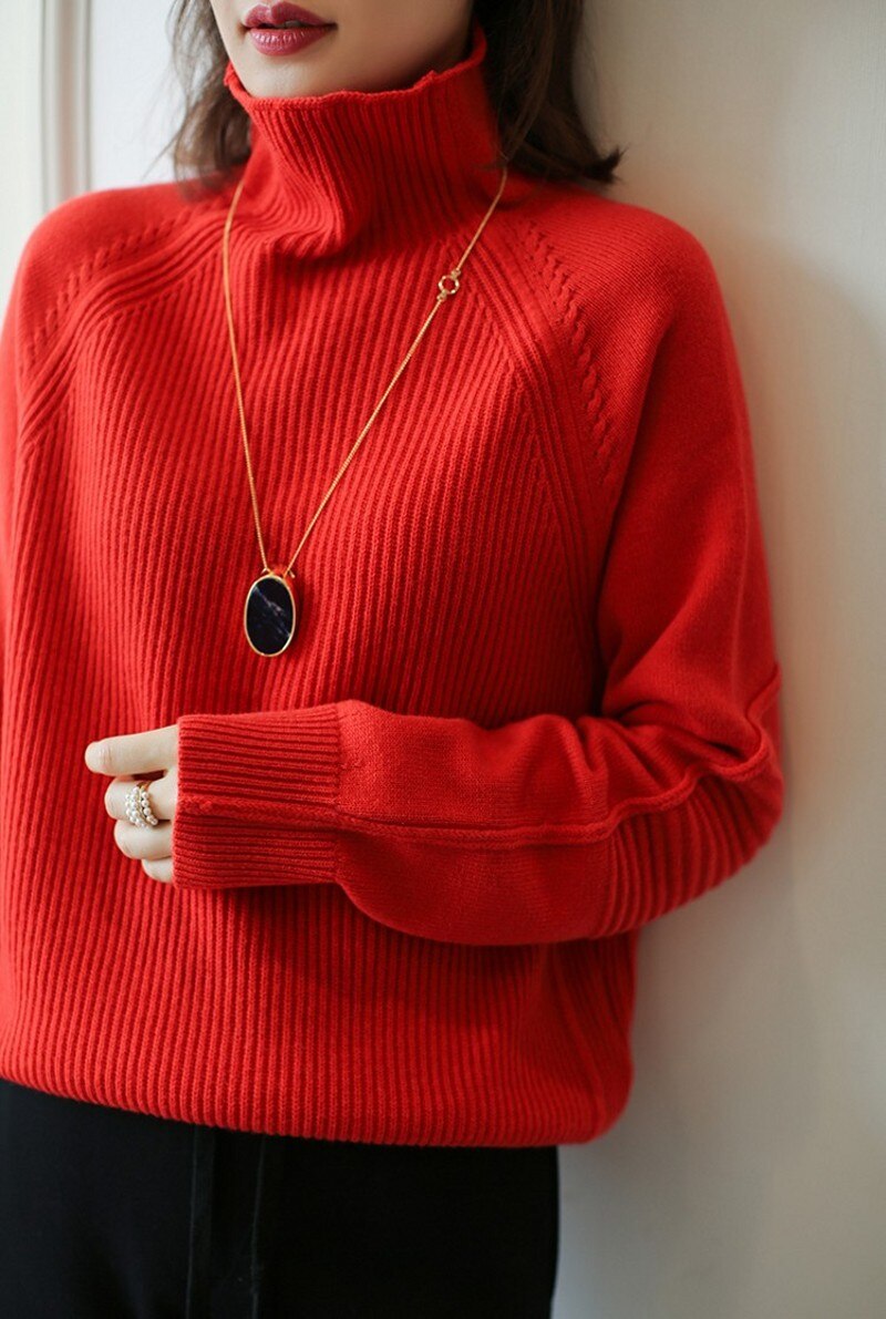 Pull en cachemire épais à col haut pour femme, 100% laine, ample, tricoté, grande taille, automne et hiver: Rouge / L