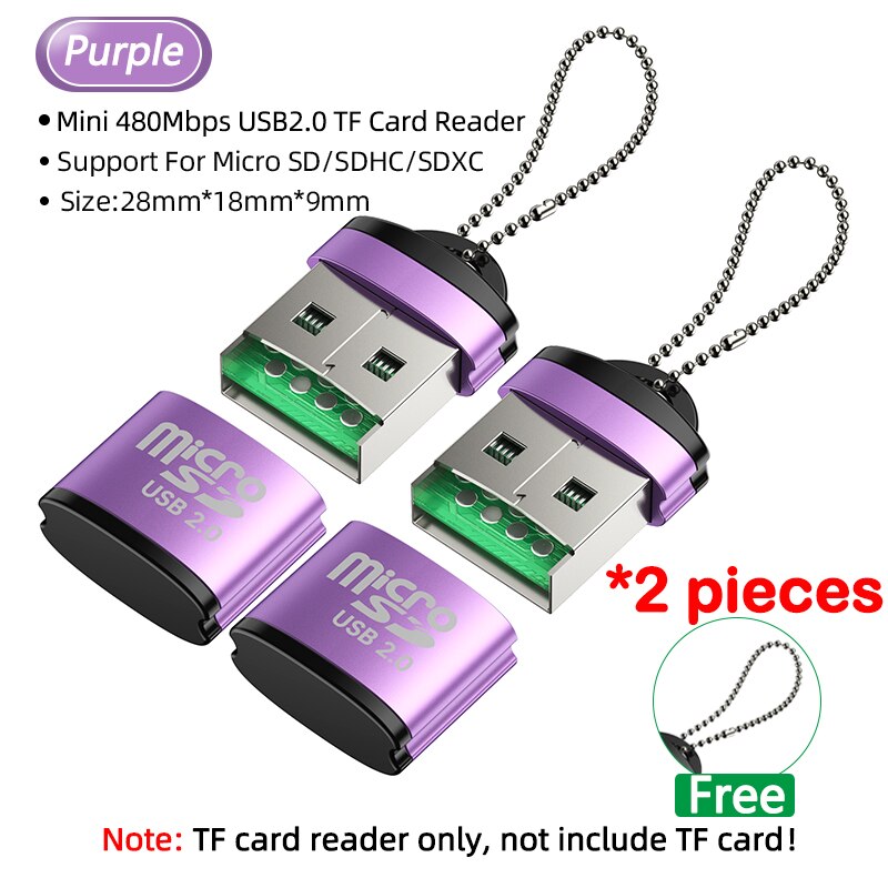 2Pcs Mini Usb Tf Sd Micro Reader Geheugenkaart Otg Type C Adapter Voor Auto Camera Laptop Notebook T flash Usbc Converter Sleutelhanger: purple 2pcs