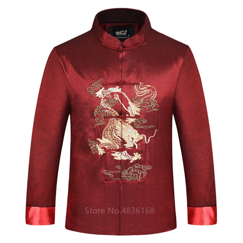 Chinese Stijl Tang Past Emboridery Dragon Hanfu Blouse Volledige Mouw Jas Traditionele Chinese Kleding Voor Mannen Jaar Kleding: Red / L