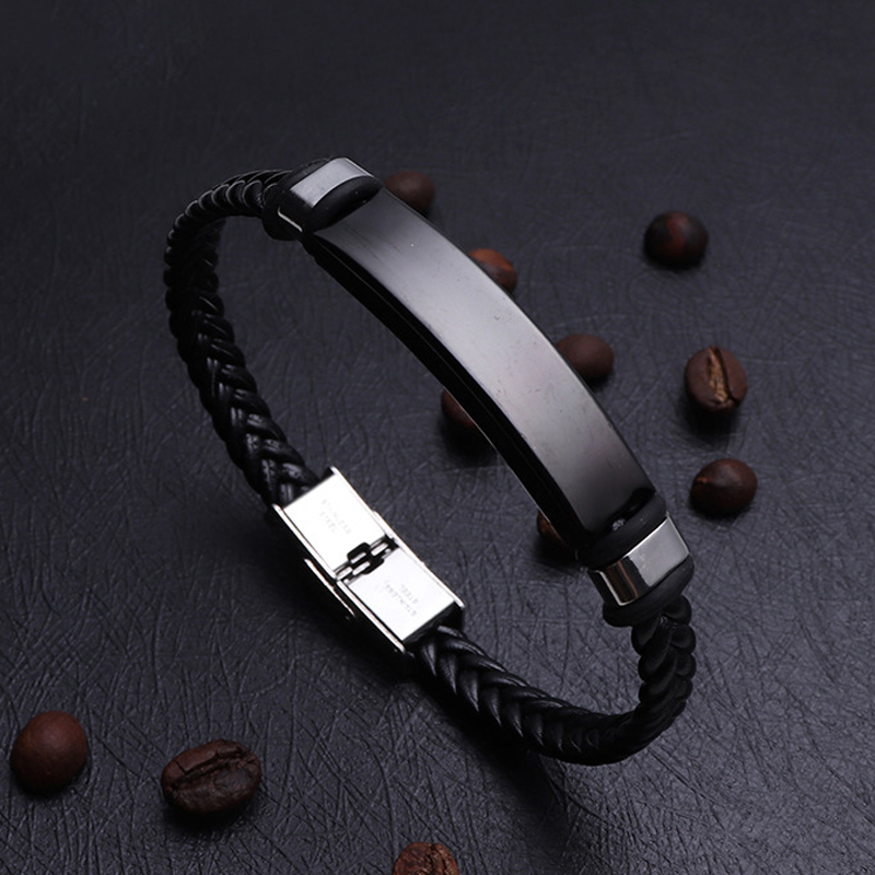 Punk Men Jewelry Black Braided Leather Bracelet Black/Silver Color Stainless Steel Charm Buckle Bangles Women