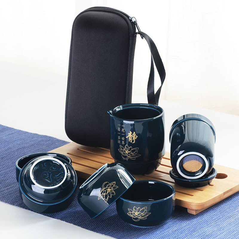 Alta guality porcelana chinesa conjunto de chá portátil copos de chá para viagens com saco portátil viagem conjunto de chá garrafa cerâmica para ao ar livre: Azul