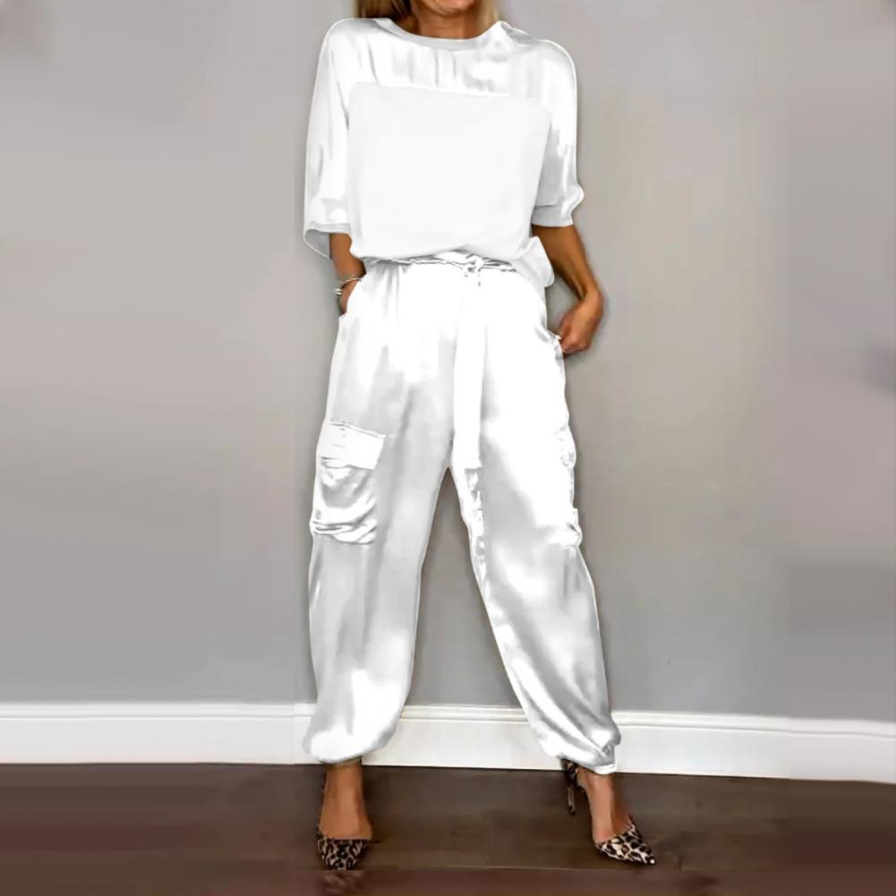 Women Two-piece Set Three-quarter Sleeve Suit Satin Women's Top Pants Set Lace-up Waist Women Casual Patchwork Suit