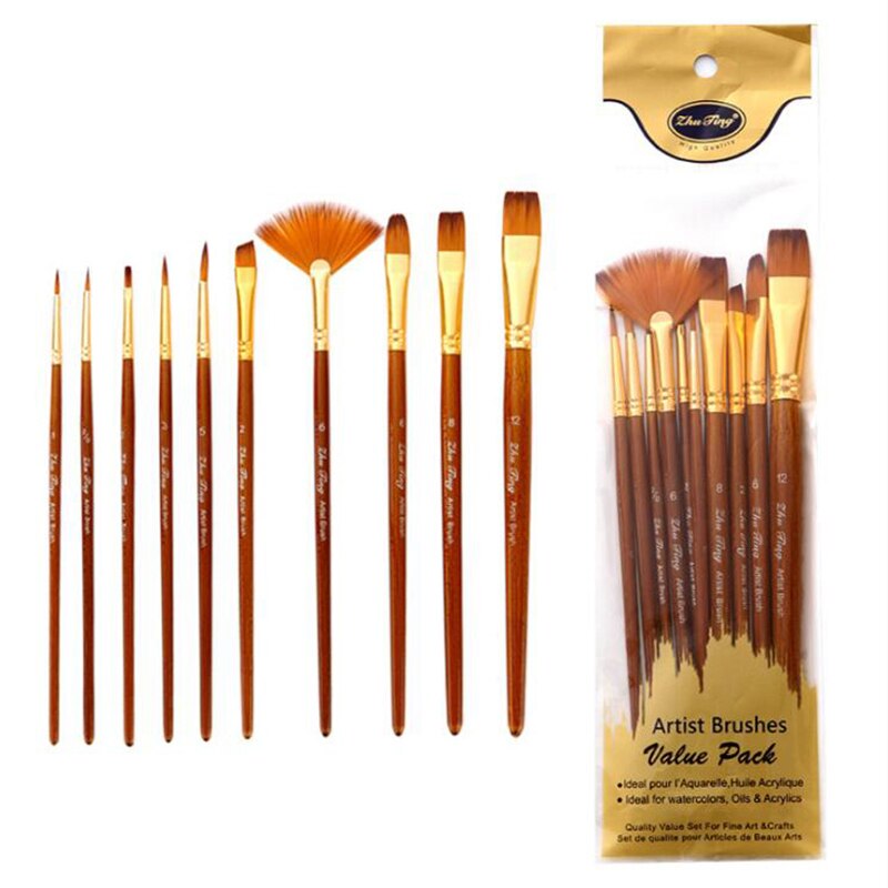 Juego de pinceles de nailon para pintura, Set de pinceles para pintura de pelo, varilla corta, pincel acrílico para aceite, pluma de acuarela, suministros de arte , 10 Uds.: Default Title