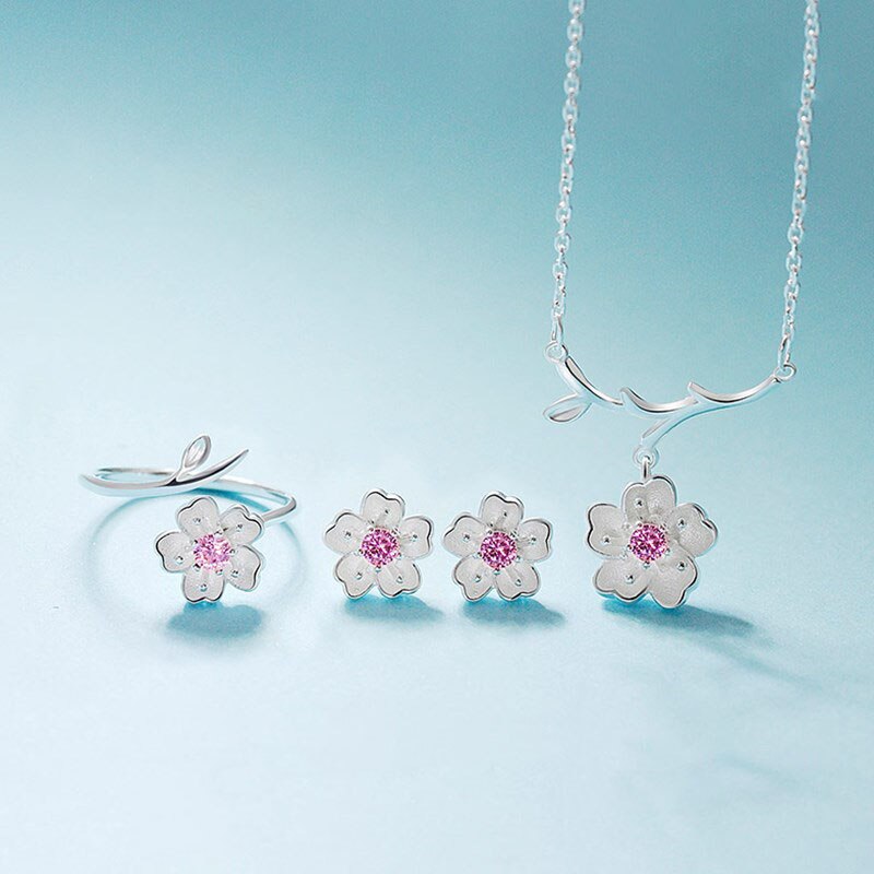 ANENJERY – ensemble de bijoux romantique couleur argent, fleur de cerisier, pendentif, joli ensemble de mariage: Pink 3 pcs per set