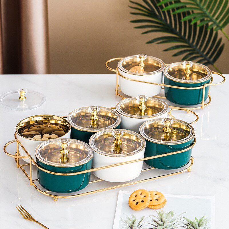 Nordic Ceramic Square Platter Snack Plate Dry Fruit Cake Plate Fruit Plate Divided Iron 2/3/4/6 Grid Nut Pastry Bowl