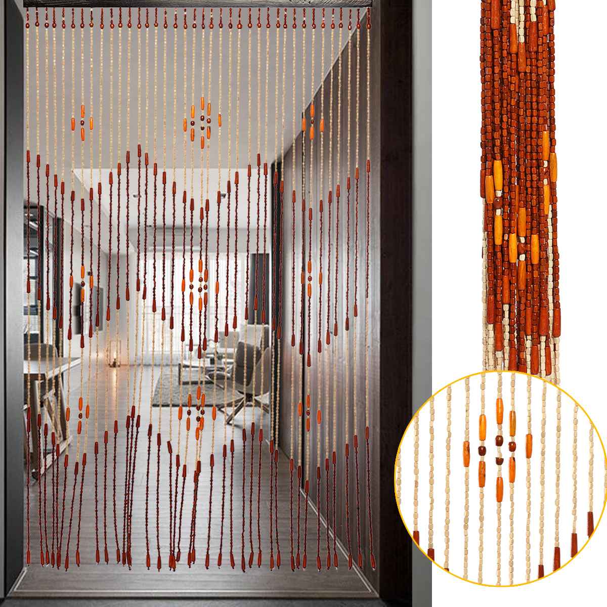 Wooden Door Curtain Blinds Handmade Fly Screen Wooden Beads Room Divider 90x175cm-38 wave / 90x195cm-36 line