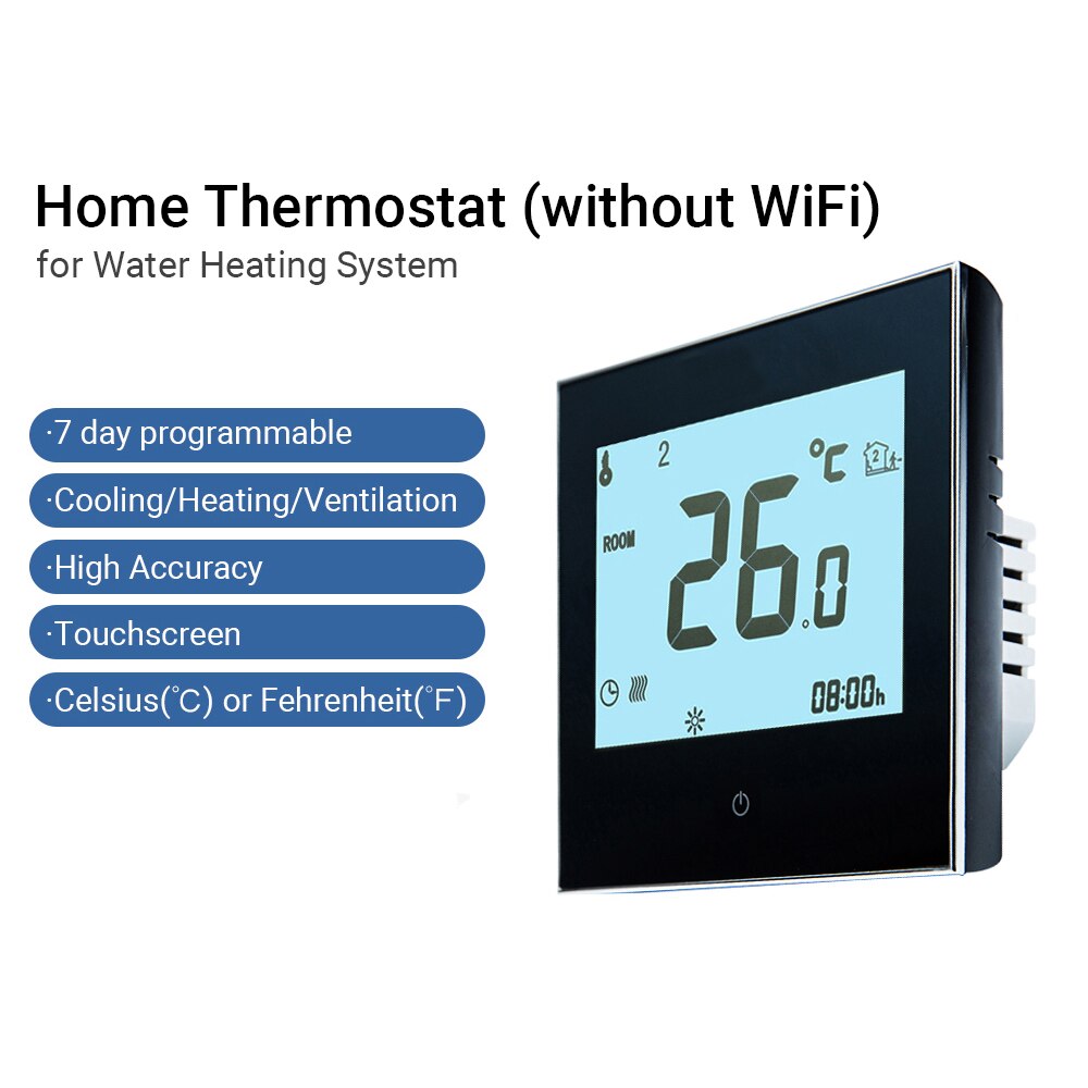 Thermostat Programmable Thermostat Water Heating System Smart Touchscreen Heat Only Thermostat for Water RecirculatingSystem: Black without WiFi