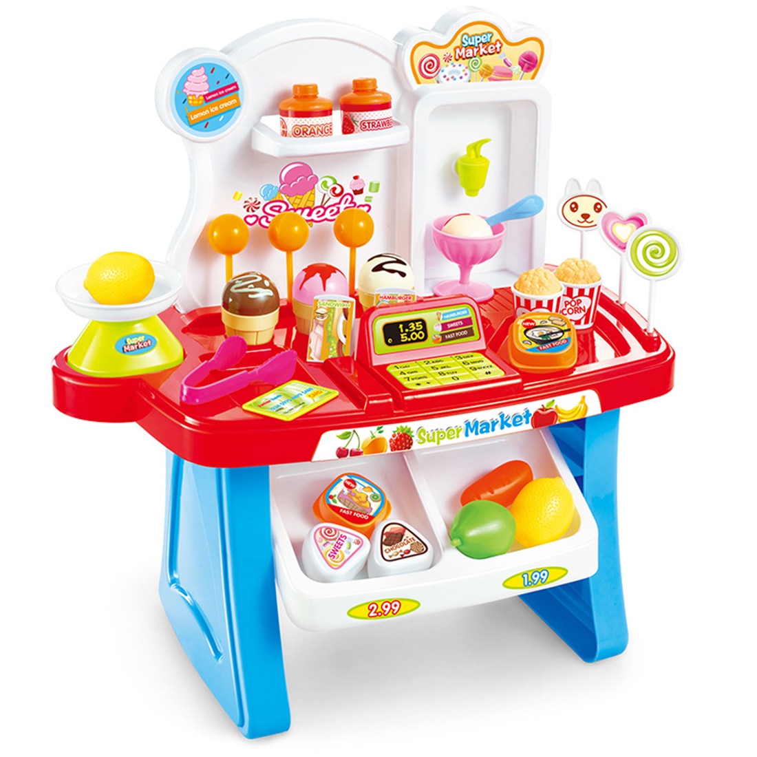 34 stk / sæt børn mini supermarked legesæt foregiver shopping marked legestand dagligvarer legetøj med lys og lyd - blå / lyserød