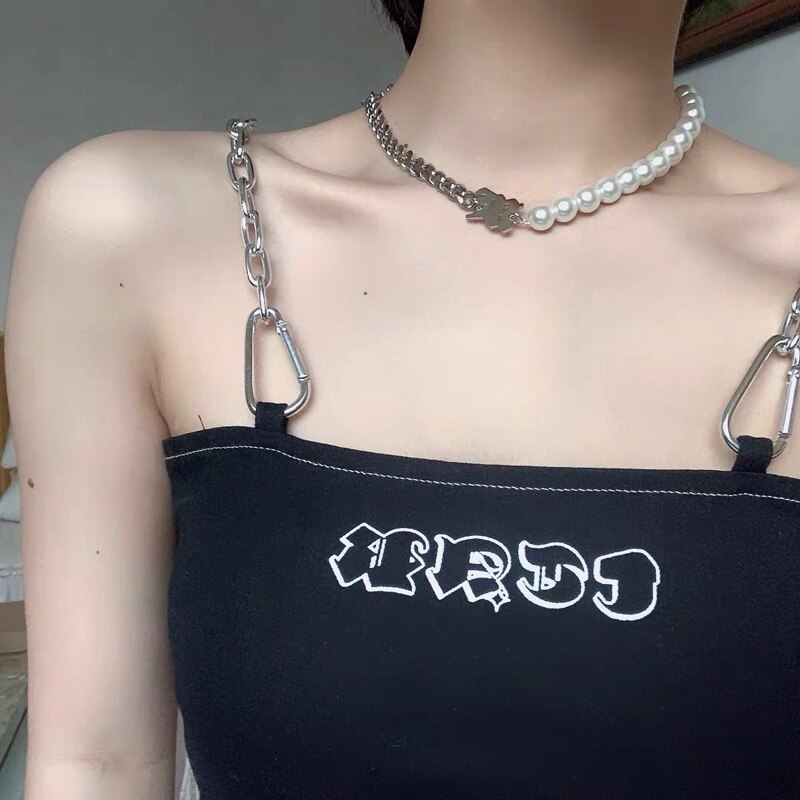 100% Rvs Misbhv Stijl Parel Brief Sleutelbeen Keten Elastische Chocker Straat Hip Hop Kraag de Mujer