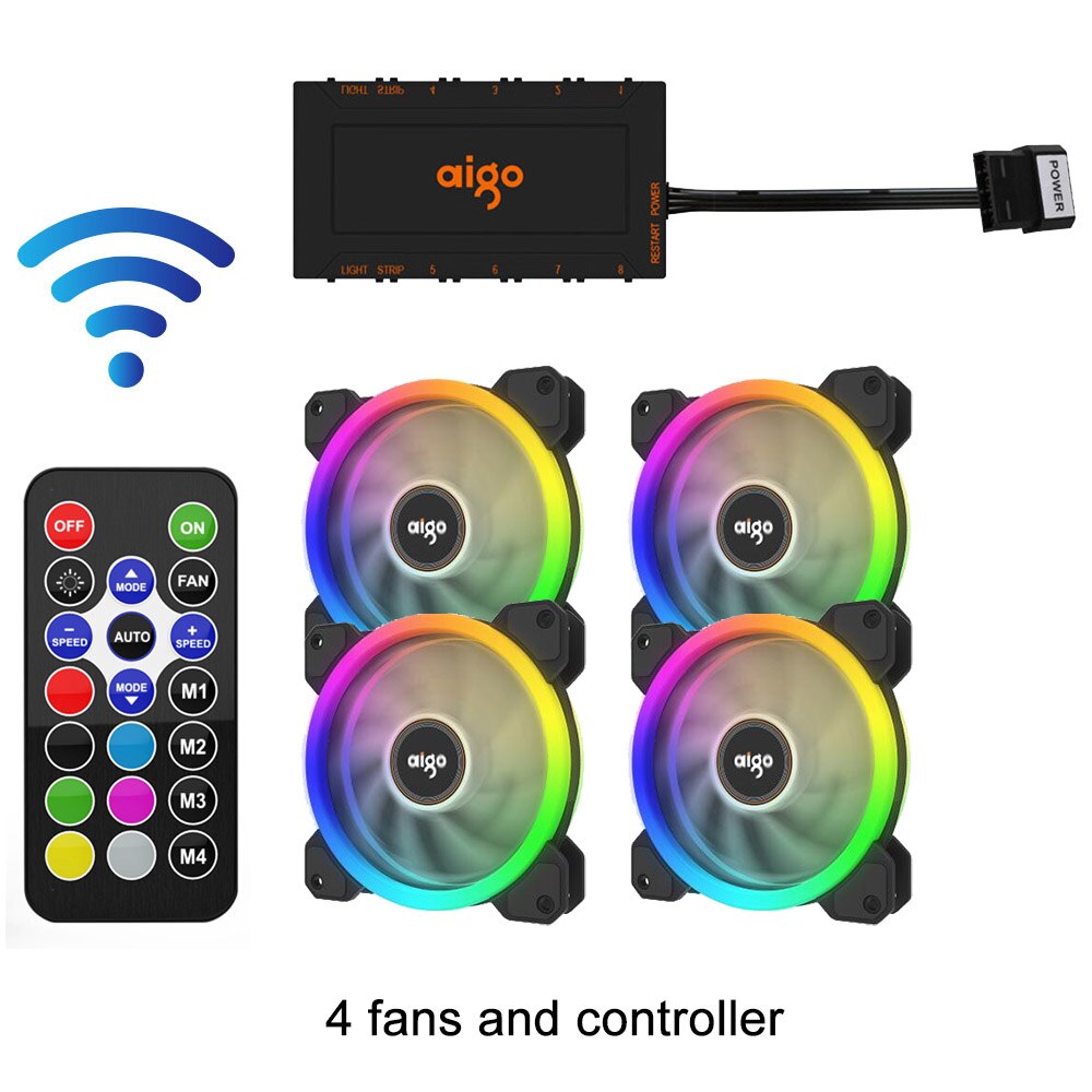 Aigo DR12 Rgb Fan 120Mm Pc Cooler Fan Rgb Stille Koelventilator Voor Pc Gaming Case Ir Afstandsbediening koeler Am3 Am4: 4fans and controller