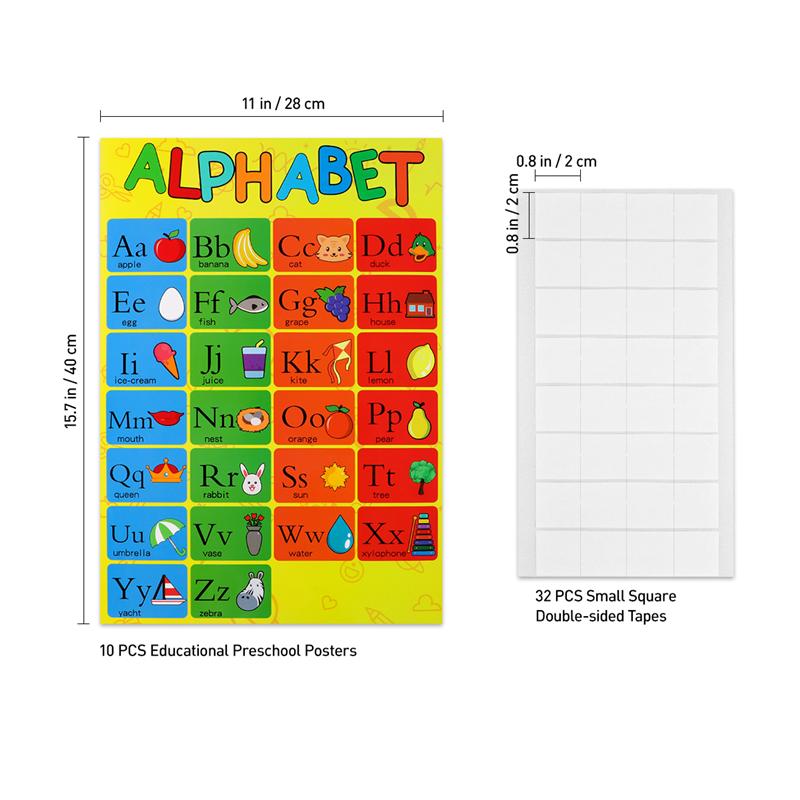 10PCS Educational Preschool Posters Charts for Preschoolers Toddlers Kids Kindergarten Classrooms Includes Alphabet Letters