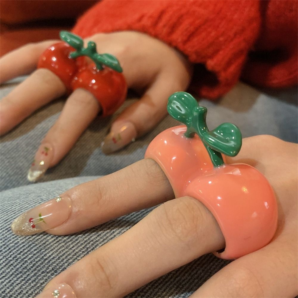 Unique Strawberry Drip Oil Ring Lemon Dripping Oil Painting Ring Korean Style Cherry Fruit Enamel Ring