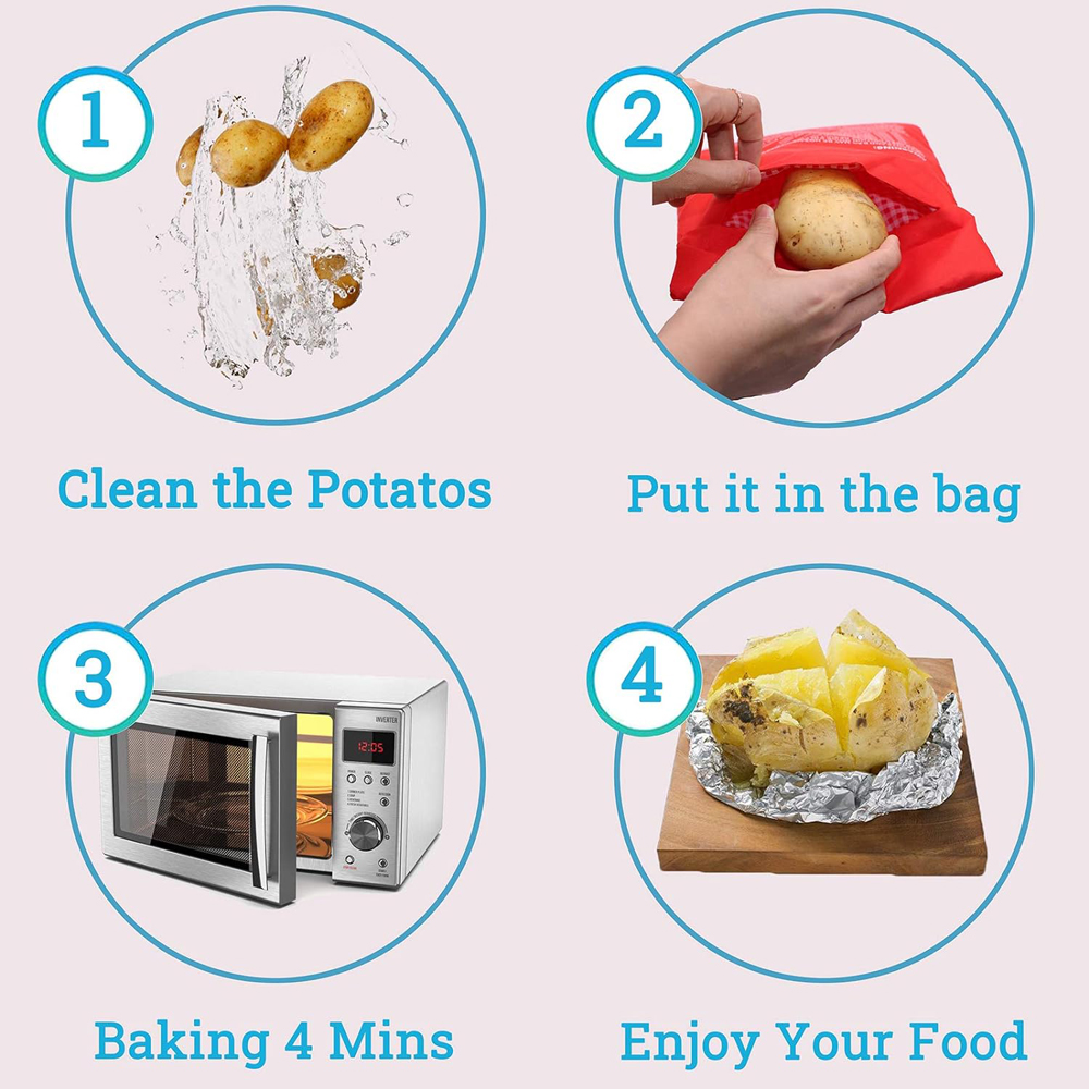 Bolsa de patatas para microondas, bolsa reutilizable para cocinar patatas en microondas exprés, cocina de patatas al horno, patatas perfectas, bolsa roja para hornear de 4 minutos