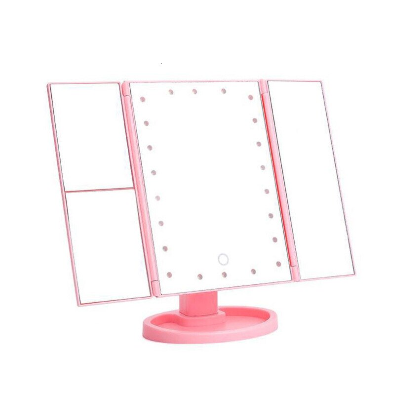Led Touch Induction MakeupMirror Three Sides Fold Bring Lamp Mirror Desktop Benchtop Mirror Originality Fold Dressing Mirror: Pink