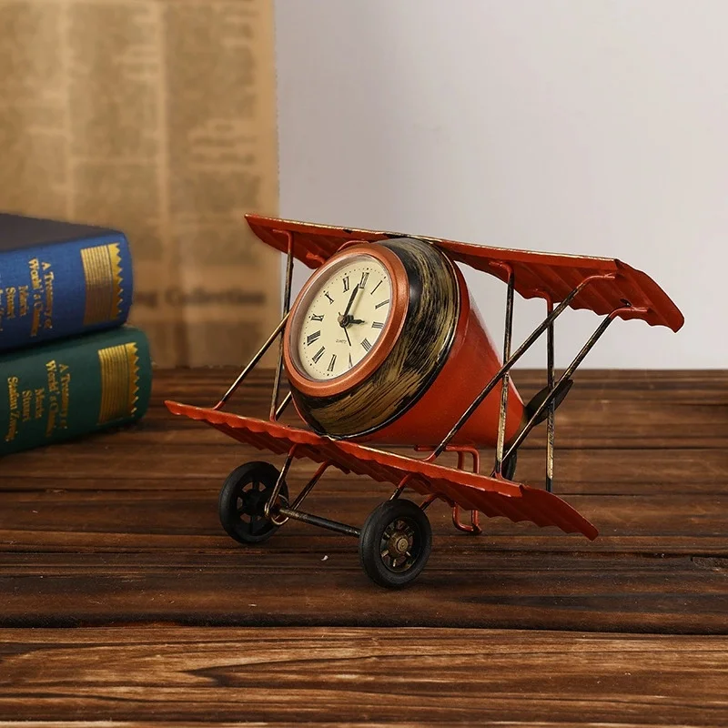metal wrought iron airplane clock model desktop retro clock photography prop ornament office desktop decoration ornament